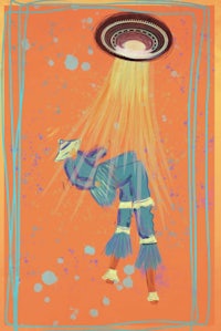 an illustration of a man with a flying saucer over his head