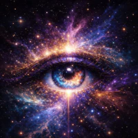 an eye with stars in the background