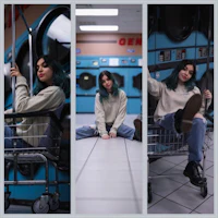 four pictures of a woman sitting in a laundry cart