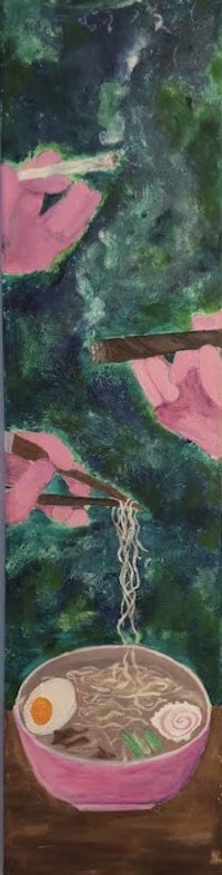 a painting of a bowl of ramen with an egg in it