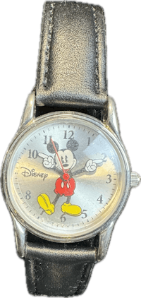 a disney mickey mouse watch on a black leather strap