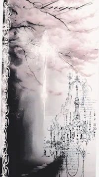 a black and white drawing of a castle with a cross in the sky