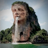 a waterfall with a head on top of it