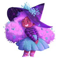 a girl with long hair and a purple hat