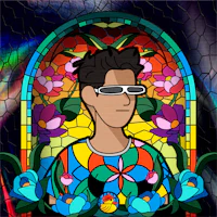 an illustration of a man with sunglasses in front of a stained glass