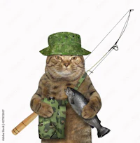a cat wearing a camouflage hat and holding a fishing rod