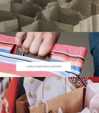 a person is holding a bag of wrapping paper