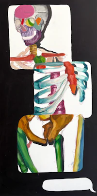 a painting of a skeleton with a speech bubble