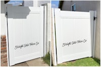 two pictures of a white gate with a sign on it