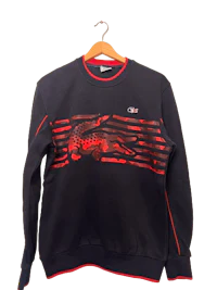 a black and red sweatshirt with a crocodile on it