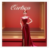 a barbie doll in a red dress standing in front of a red sign
