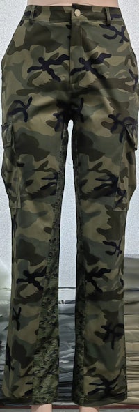 a woman wearing camouflage cargo pants