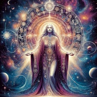 an image of a woman in a robe standing in front of a starry sky