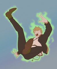 a man in a suit flying through the air