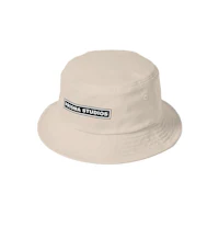 a beige bucket hat with a black logo on it