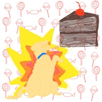 a drawing of a dog with a cake and lollipops