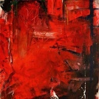 an abstract painting with red and black colors