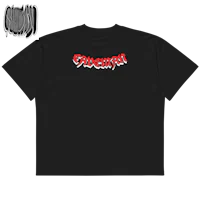a black t - shirt with a red logo on it