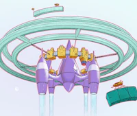a purple spaceship is flying in the air