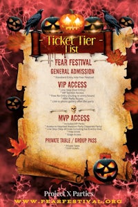 a flyer for a halloween festival with pumpkins and skeletons