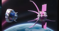 a pink spaceship is flying over the earth