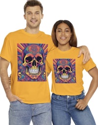 a man and woman standing next to each other wearing a yellow t - shirt