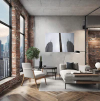 a living room with a large window overlooking the city