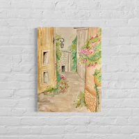 a watercolor painting of an alleyway with flowers