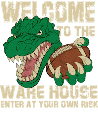 a gator with the words welcome to the warehouse house enter your own risk