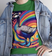 a woman wearing a green t - shirt with a goose on it