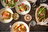 a table with plates of food on it