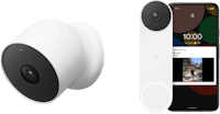 a google home camera next to a smart phone