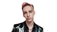 a young man in a metallic jacket with pink hair