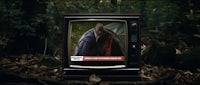 a tv in the woods with a man in it