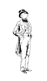 a black and white drawing of a man in a suit and hat