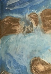 a painting of a waterfall with a blue background