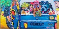 a painting of dogs in a truck