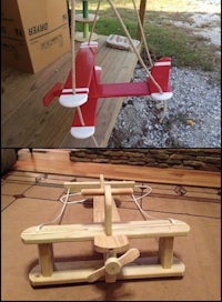 two pictures of a toy airplane hanging on a string