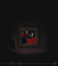 a dark room with a painting on the wall