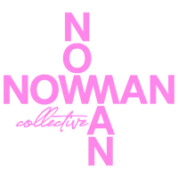 a pink logo with the words noman collective