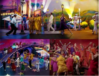 a collage of pictures of people dancing on a street