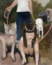 a painting of a woman with dogs on a leash