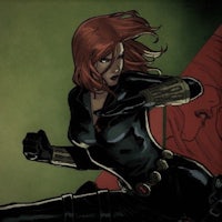 a black widow with red hair and a sword in her hand