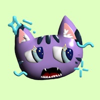 a purple cat with blue eyes on a green background