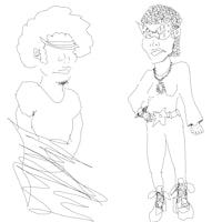 a black and white drawing of two people with afros