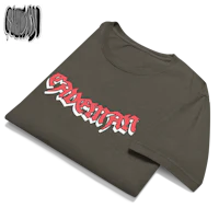 a gray t - shirt with red and black letters on it