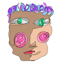 a drawing of a man's face with pink and purple swirls