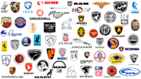many different car logos on a black background