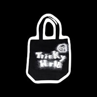 a black tote bag with the word'tricky'on it