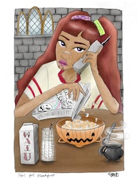 a cartoon of a girl talking on a cell phone at a table